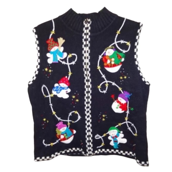 Ugly Christmas Sweater Winner Vest Large Checkerboard Trim Beads Appliqués - Picture 4 of 9